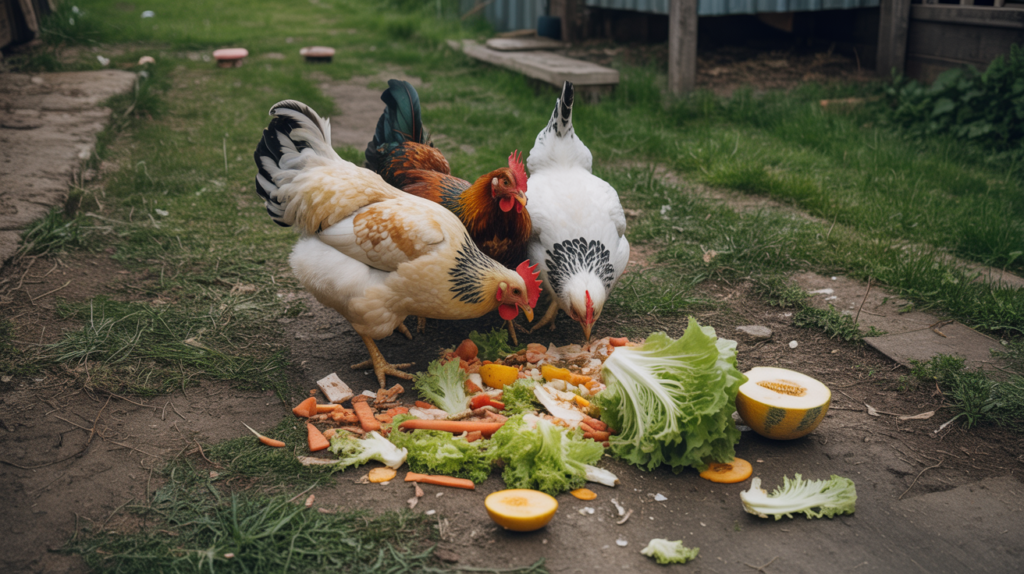 Backyard chickens eating vegetable kitchen scraps like lettuce and carrot tops in a chicken run