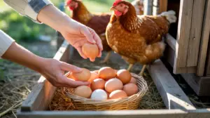 collecting fresh eggs from backyard chicken coop nesting box