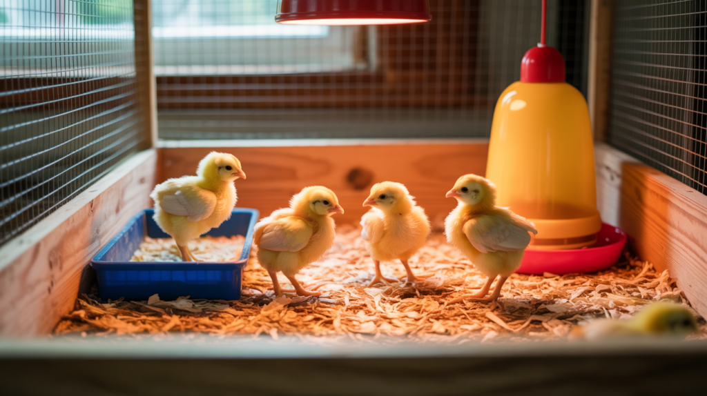 baby chicks in brooder with heat lamp feeder and waterer
