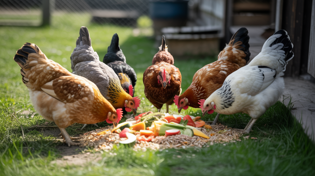 backyard chickens eating grains and vegetables
