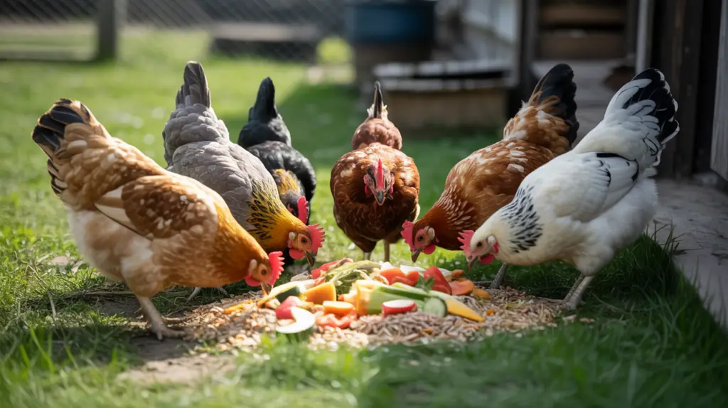 backyard chickens eating grains and vegetables