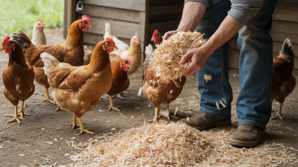 adding fresh bedding to a chicken coop floor while chickens watch