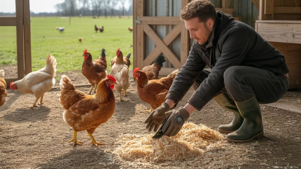 adding fresh bedding to a clean chicken coop