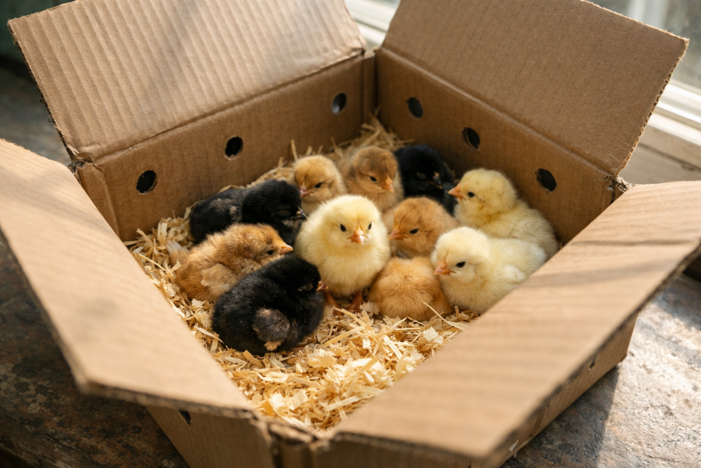 baby chicks arriving from a hatchery in a shipping box