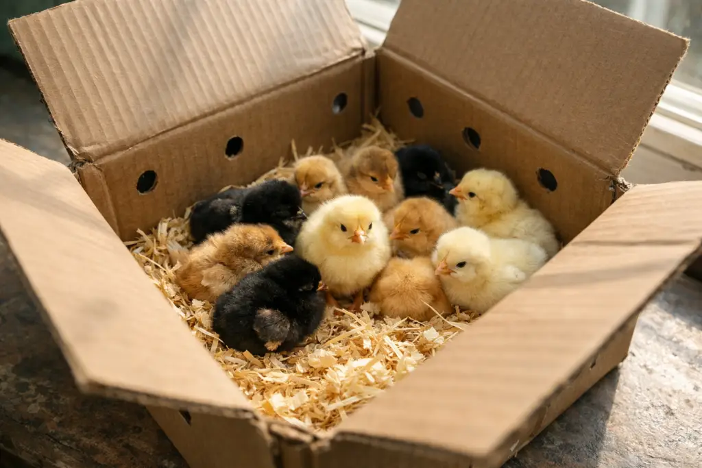 baby chicks arriving from a hatchery in a shipping box