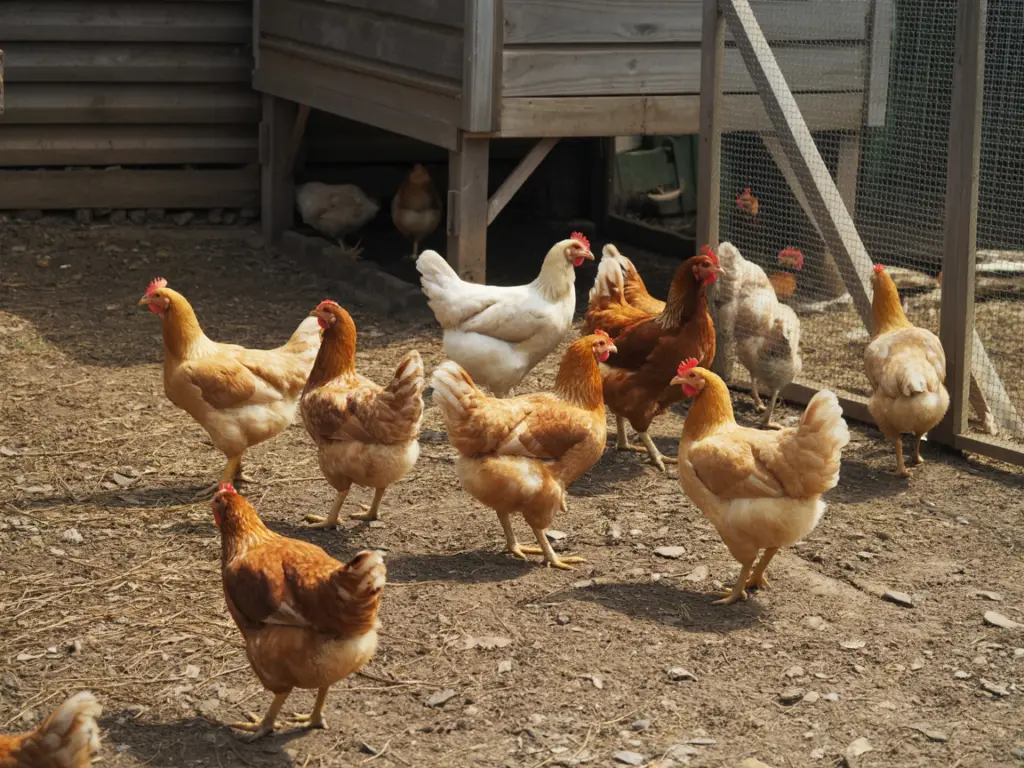 Backyard chickens spread out in a spacious run near a coop