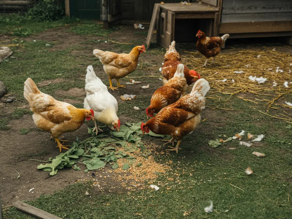 Backyard chickens eating grain and greens in a natural chicken run near a coop