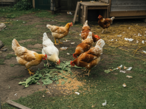 Backyard chickens eating grain and greens in a natural chicken run near a coop