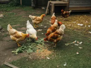 Backyard chickens eating grain and greens in a natural chicken run near a coop