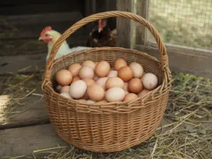 Basket of fresh eggs collected from backyard chickens in a natural coop setting