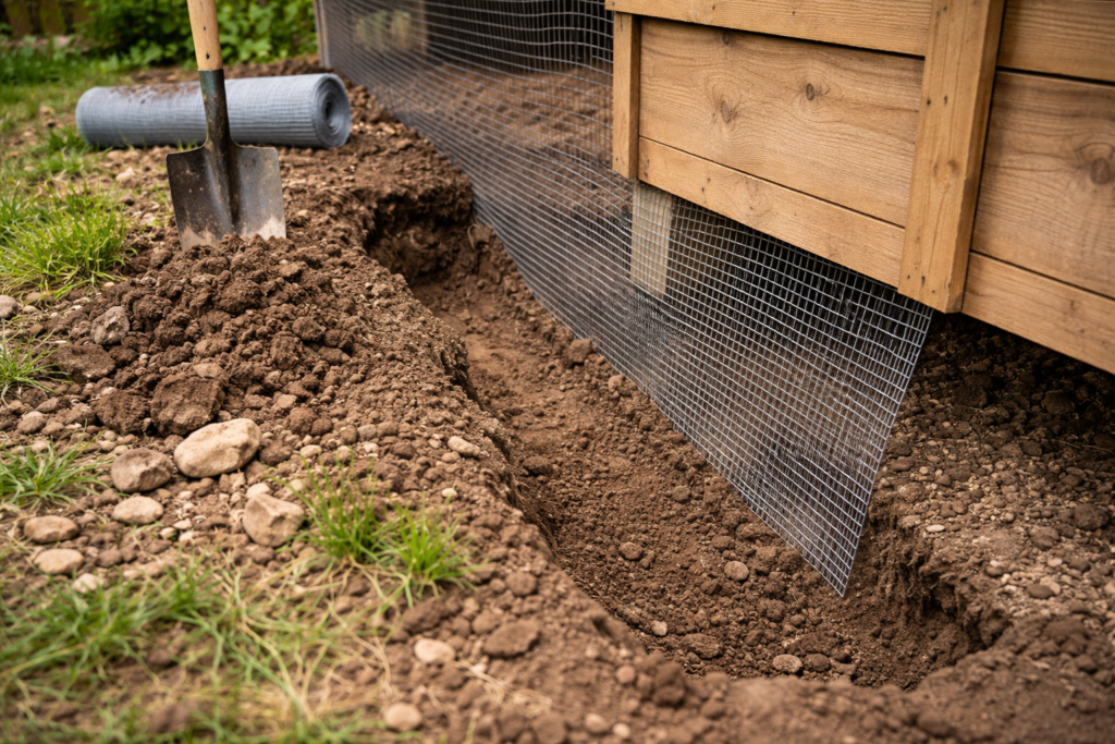 burying wire mesh to stop predators from digging into a chicken coop