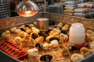 baby chicks in a feed store brooder ready for purchase