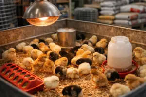 baby chicks in a feed store brooder ready for purchase