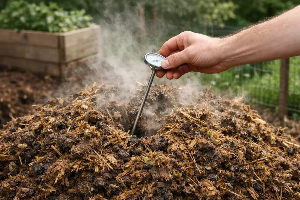 checking the temperature of a chicken manure compost pile