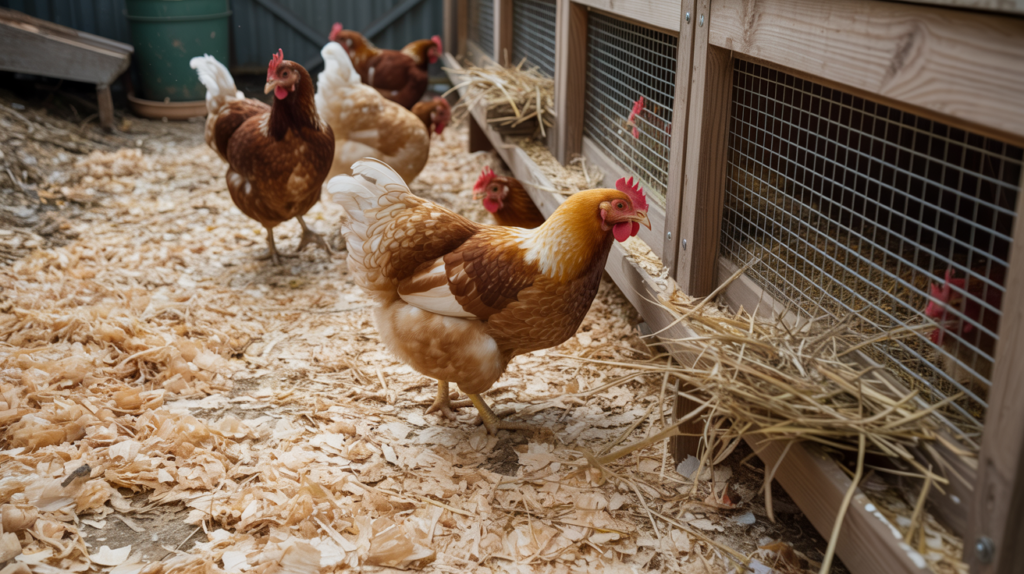 different types of chicken coop bedding being used in a backyard setup