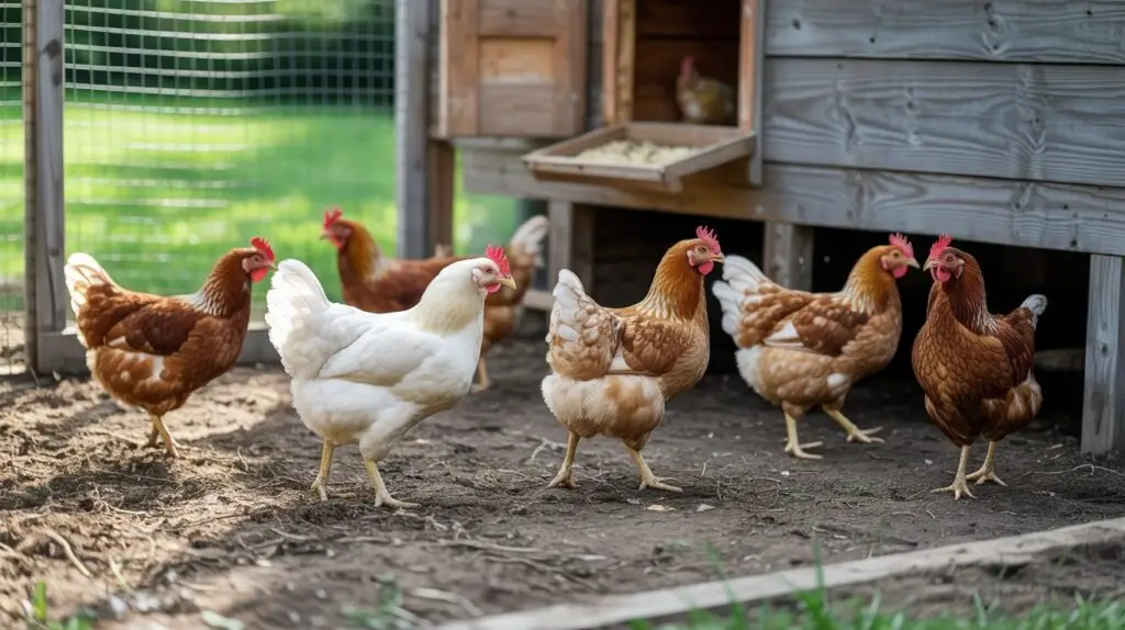 chickens walking in a coop with bedding and manure on the ground