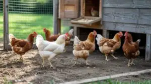 chickens walking in a coop with bedding and manure on the ground