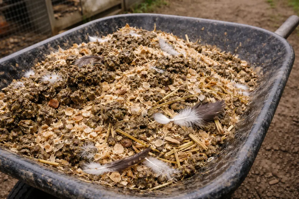 chicken manure mixed with pine shavings and bedding ready for composting