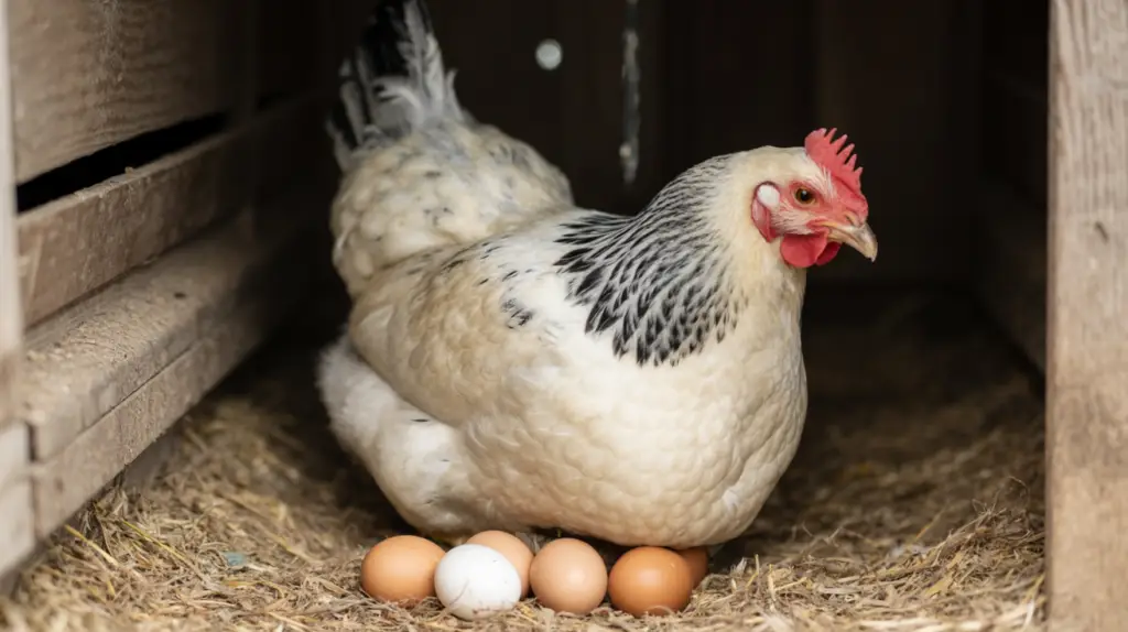 hen sitting in a nesting box with bedding and eggs underneath