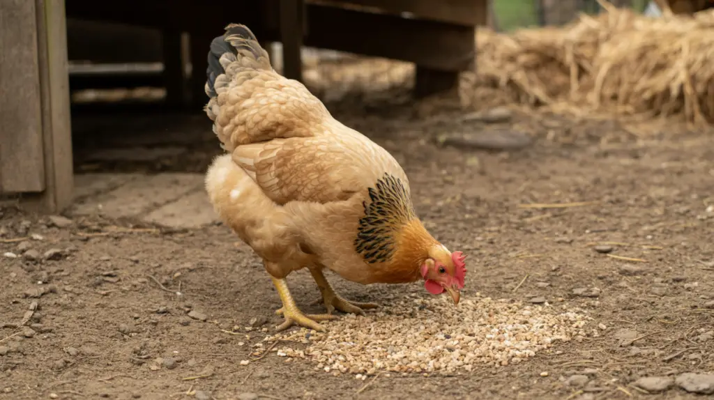 Backyard chicken pecking small stones and grit on the ground in a chicken run