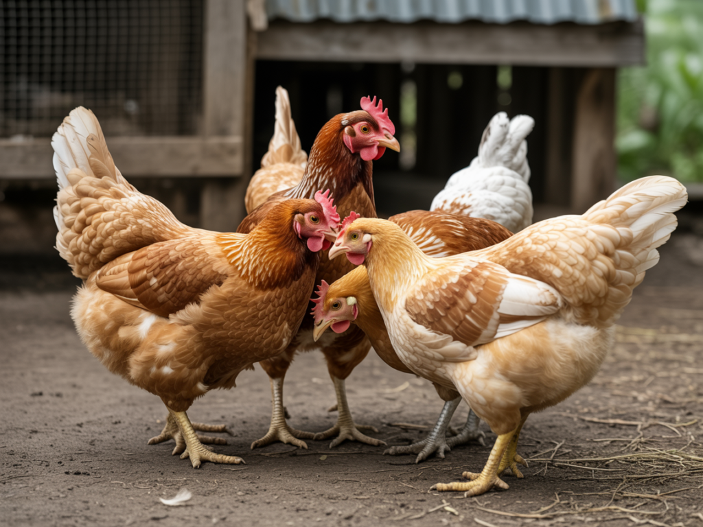 Backyard chickens interacting and establishing pecking order in a flock