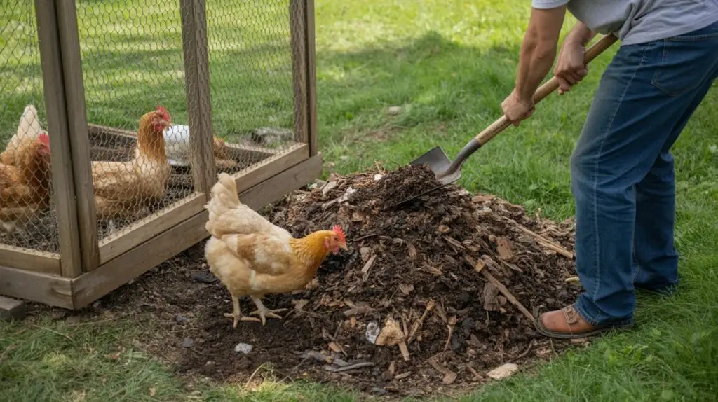 adding chicken coop waste to a backyard compost pile