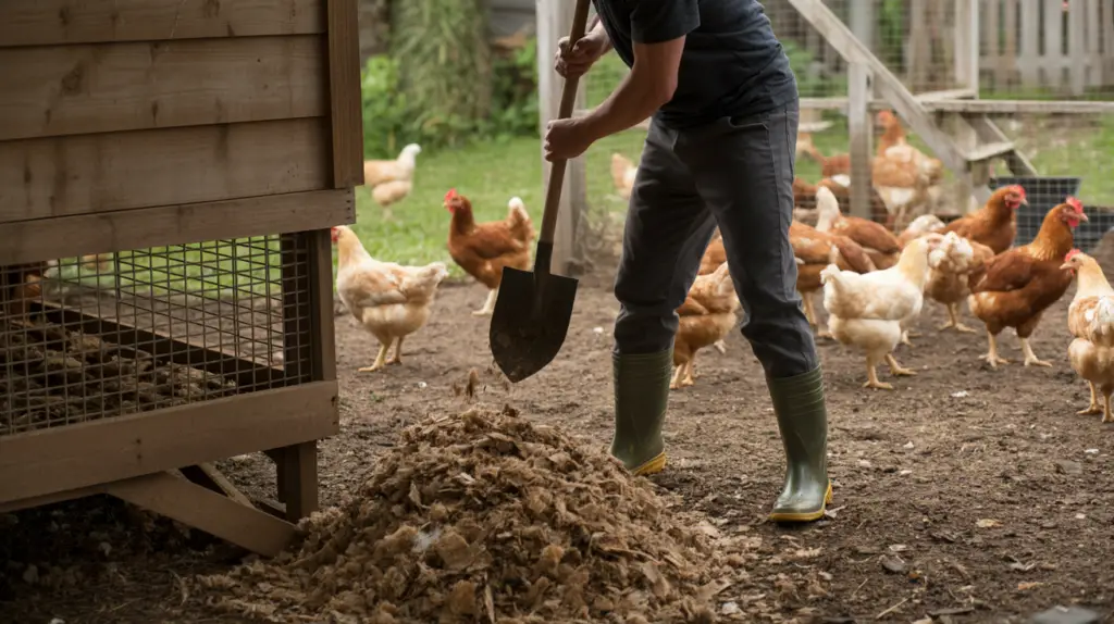 removing old bedding from a backyard chicken coop