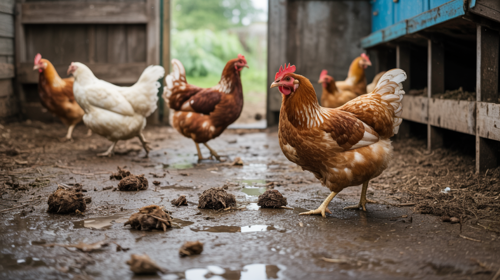 dirty and damp bedding on a chicken coop floor