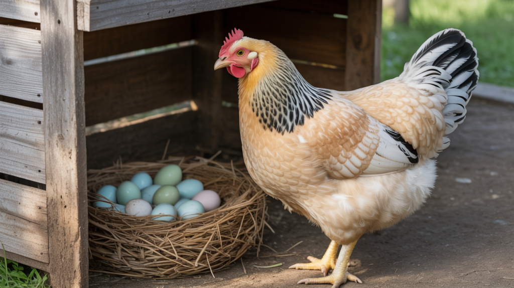 easter egger chicken with blue and green eggs