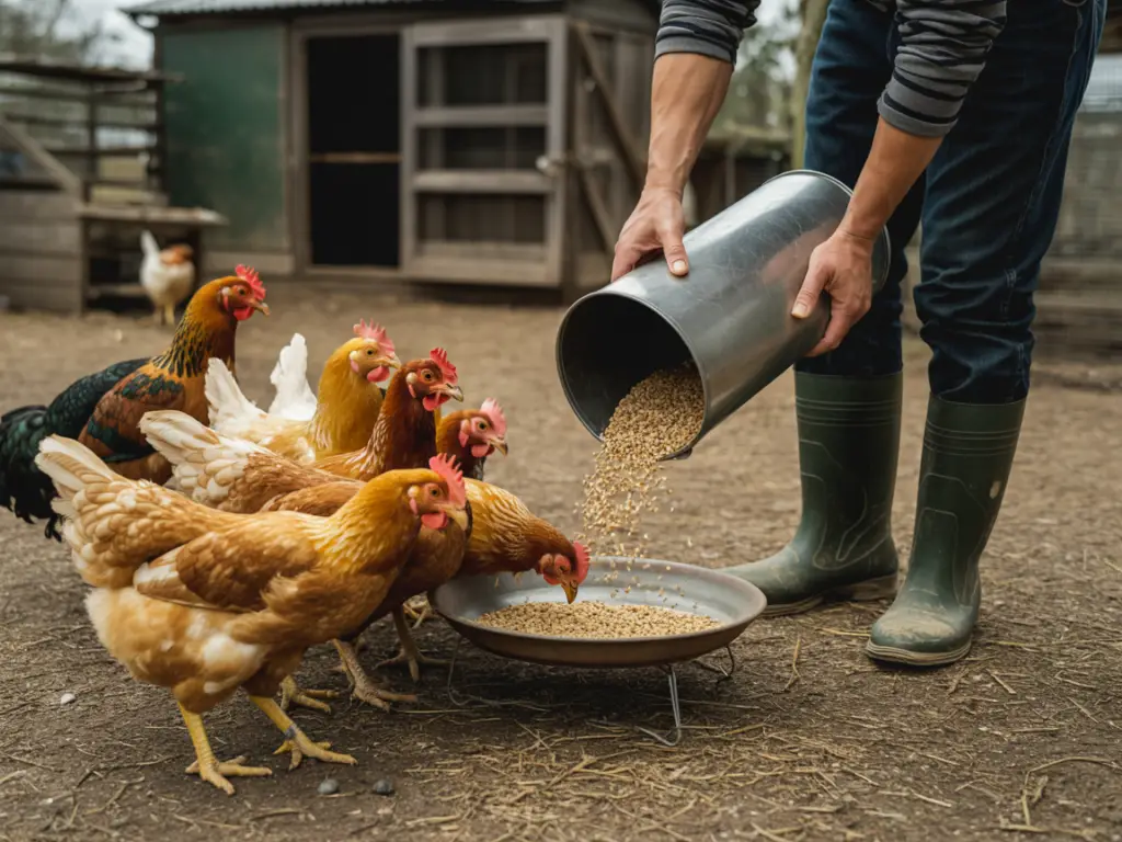 Chicken keeper feeding backyard chickens in a natural coop setting