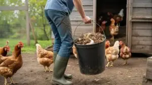 carrying used chicken bedding and manure to a backyard compost bin