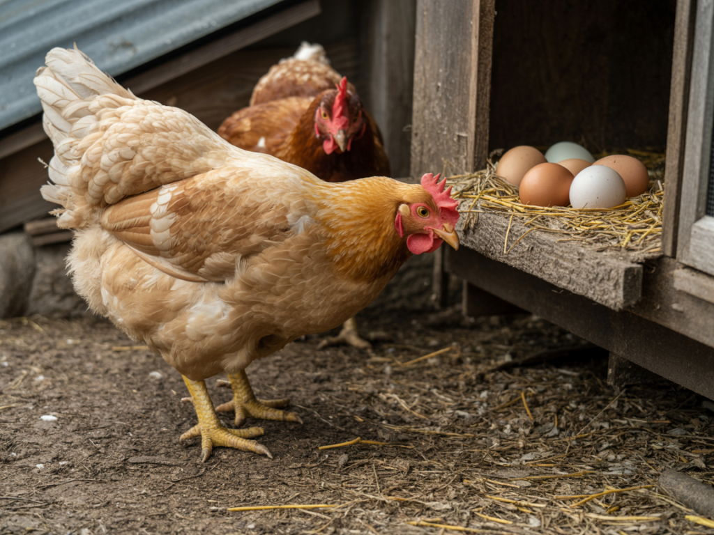 Laying hens eating feed near nesting boxes in a backyard chicken coop