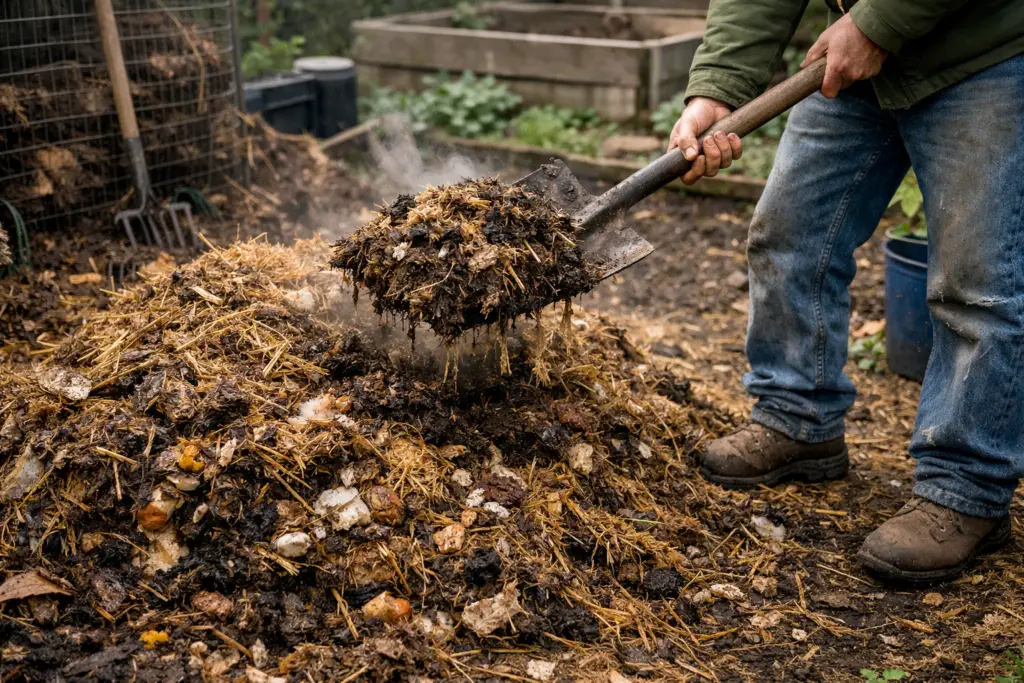 mixing chicken manure with dry leaves and straw in a compost pile