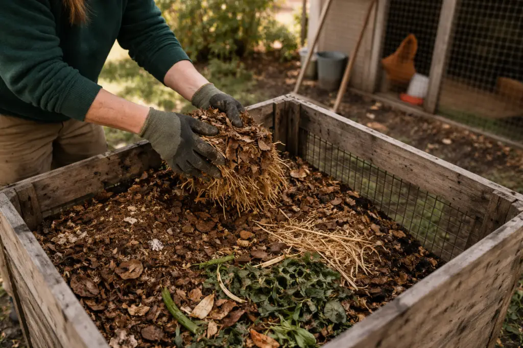 turning a compost pile made from chicken manure and bedding
