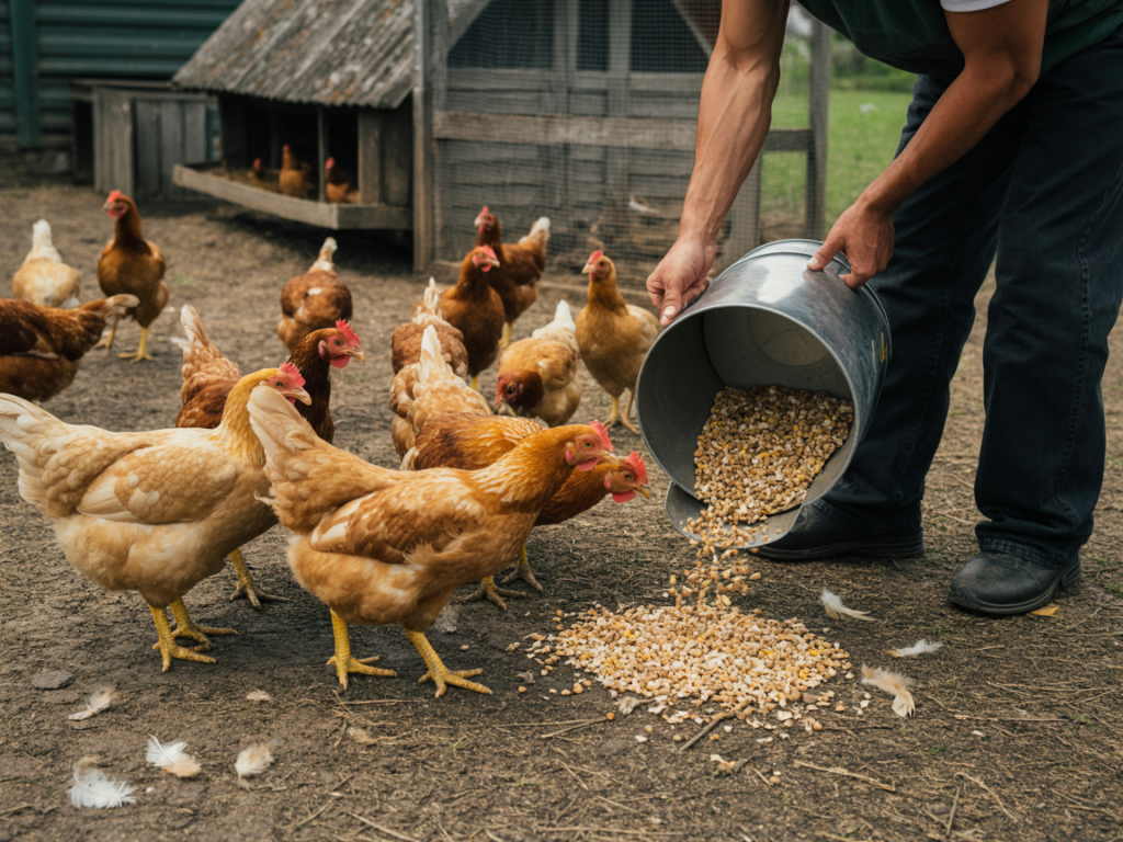 Chicken keeper pouring pellets and crumbles into a feeder while backyard chickens gather to eat