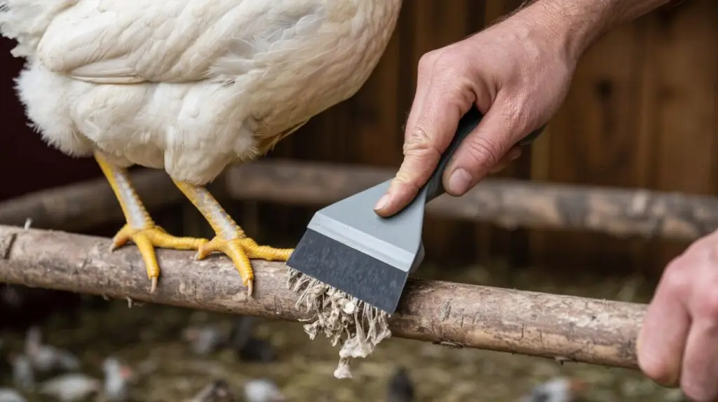 scraping droppings from a chicken coop roost