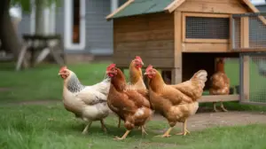 small backyard flock of chickens near coop