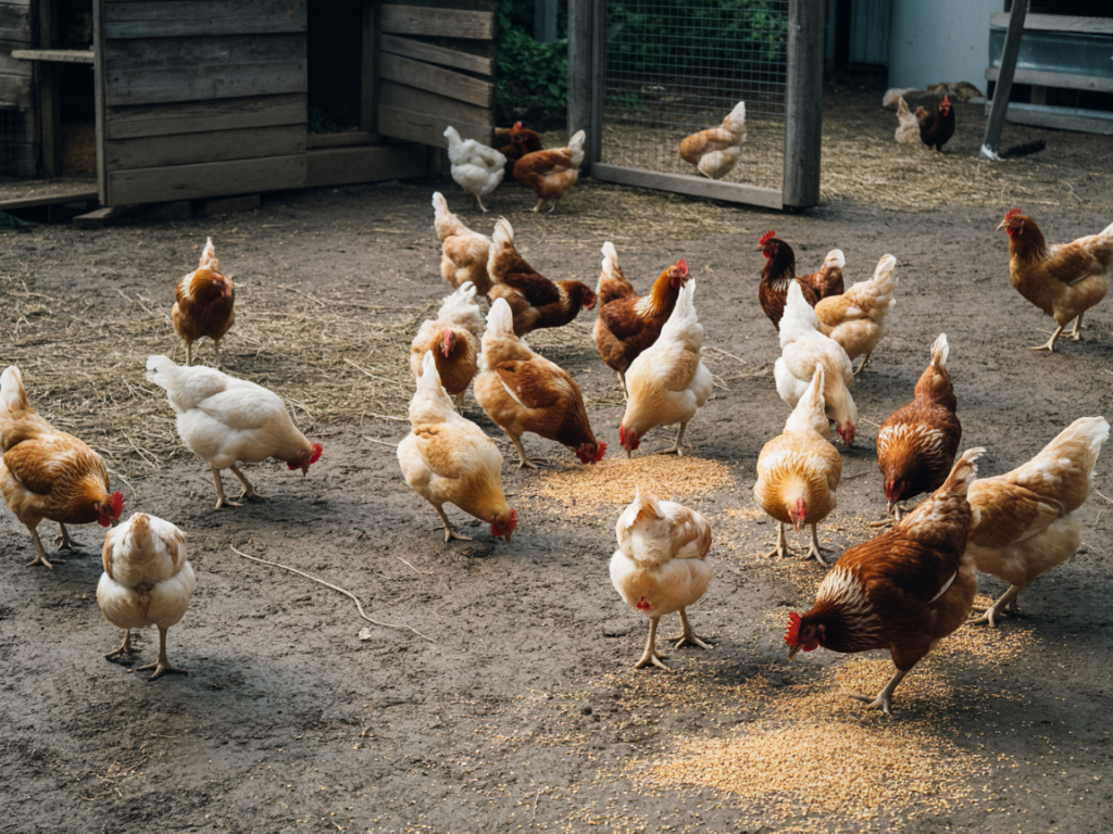 Small flock of backyard chickens eating feed in a natural chicken run near a coop