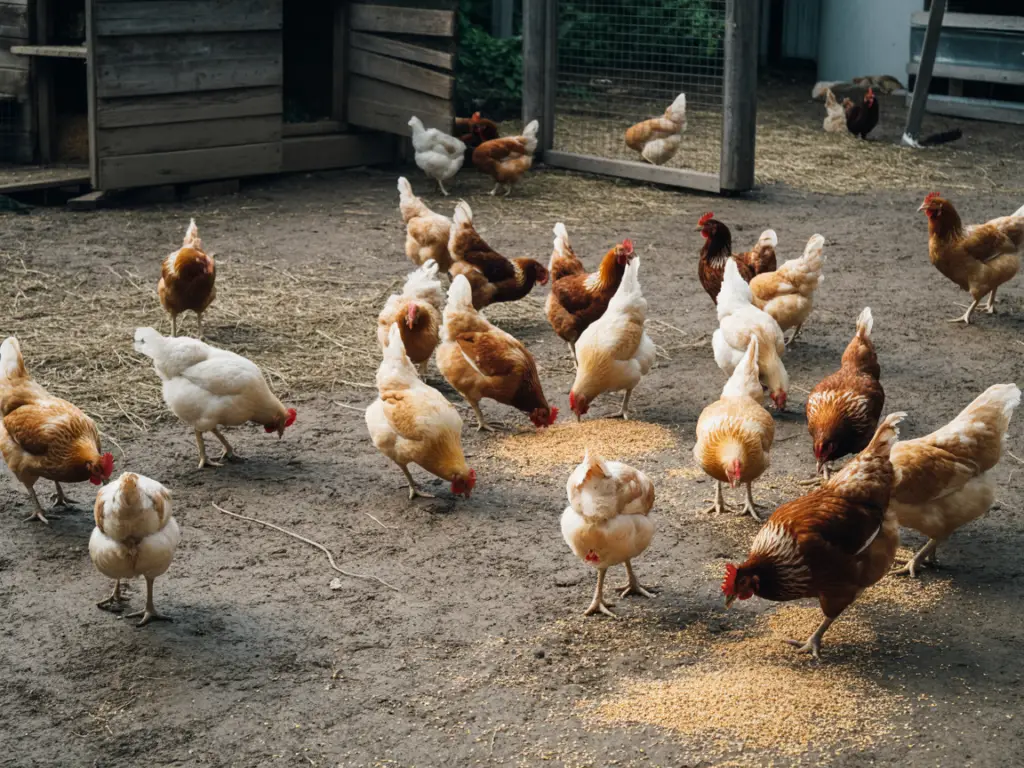Small flock of backyard chickens eating feed in a natural chicken run near a coop