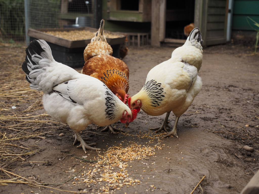 Three backyard chickens grouped together pecking the ground in a chicken run