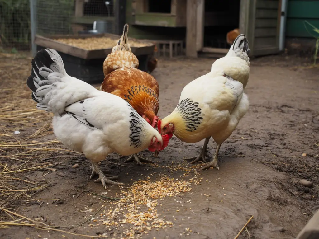 Three backyard chickens grouped together pecking the ground in a chicken run
