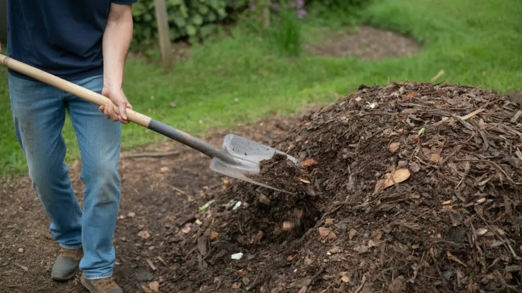 turning a compost pile made from chicken manure and bedding