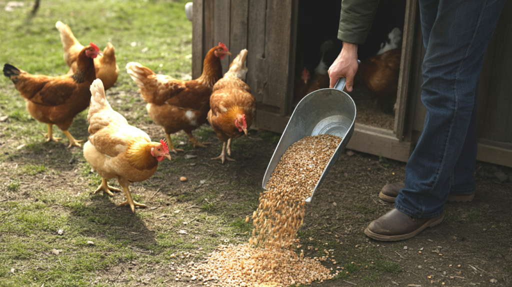 different types of chicken feed including pellets crumble and grains