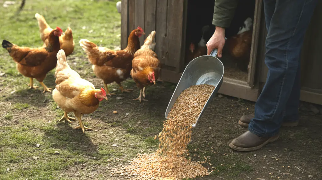 different types of chicken feed including pellets crumble and grains