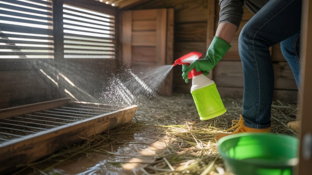 rinsing out a chicken coop during cleaning