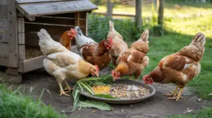 backyard chickens eating grains and vegetable scraps near a chicken coop