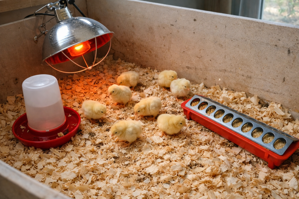 baby chick brooder setup with heat lamp and bedding