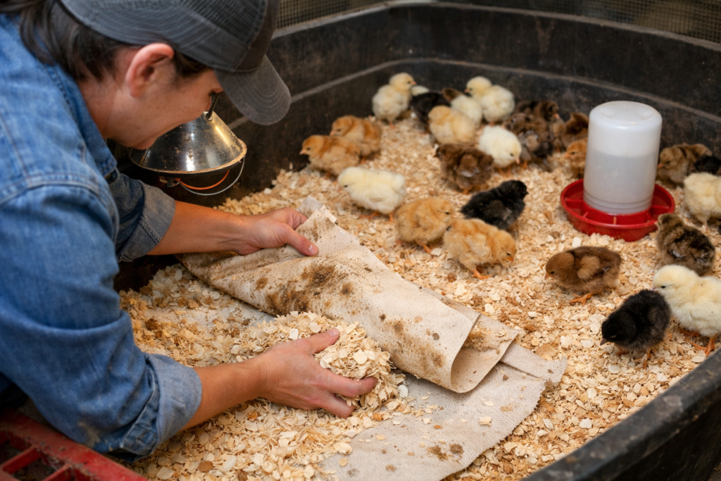 replacing bedding in a baby chick brooder