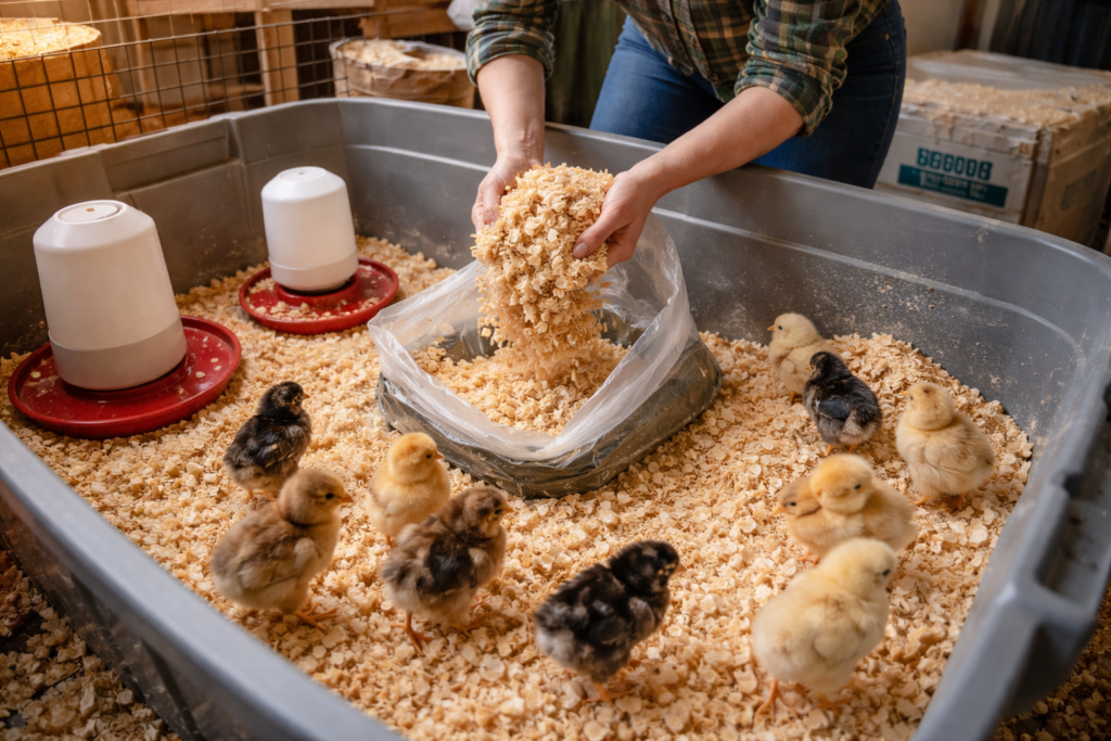 replacing wet bedding in a baby chick brooder