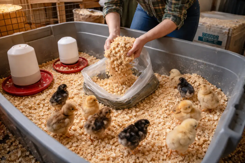 replacing wet bedding in a baby chick brooder